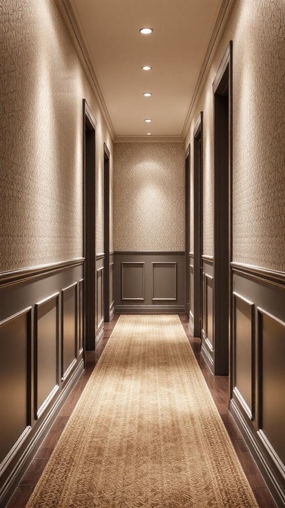 A narrow hallway with textured wallpaper, recessed lighting, and a warm carpet.