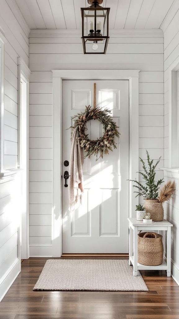 A cozy farmhouse entryway with shiplap walls, a wreath on the door, and natural decor elements.