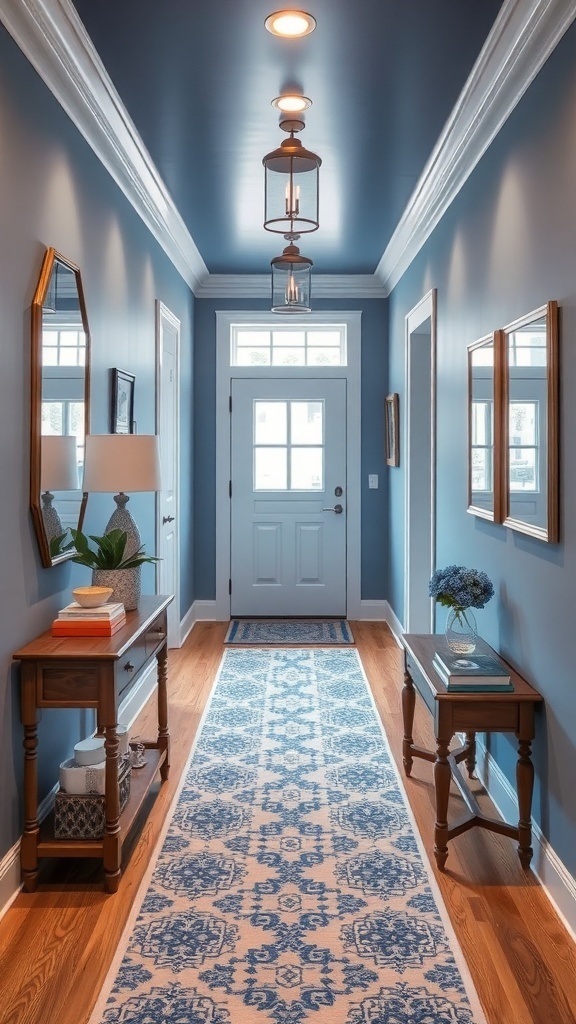 A modern blue hallway with bright lighting and smooth walls.