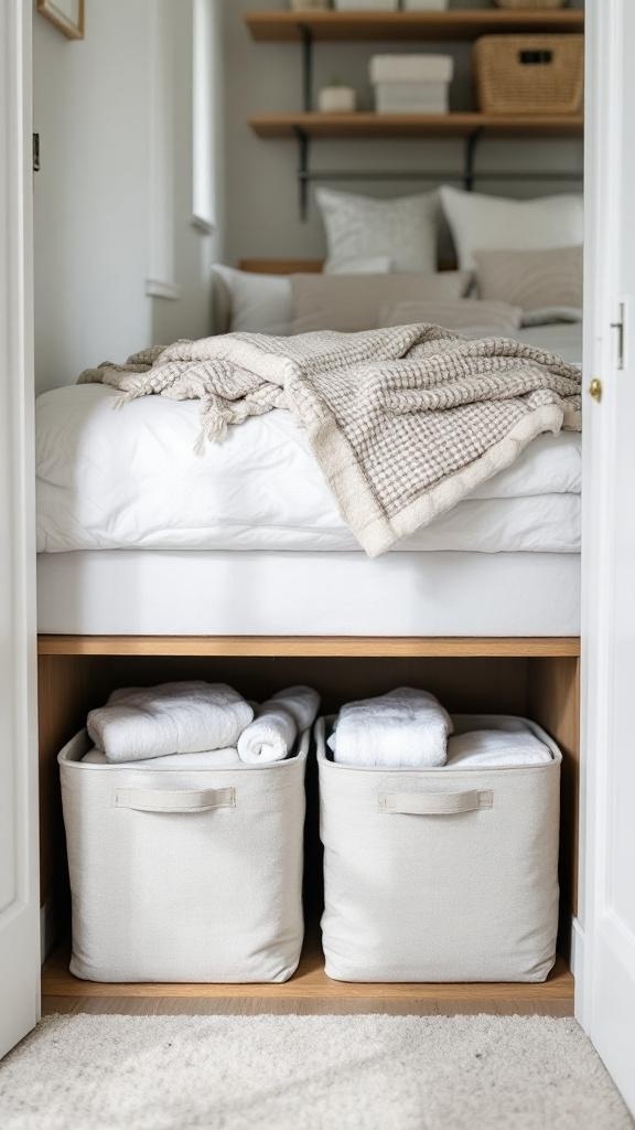 Under-bed storage with two fabric bins holding neatly rolled linens.