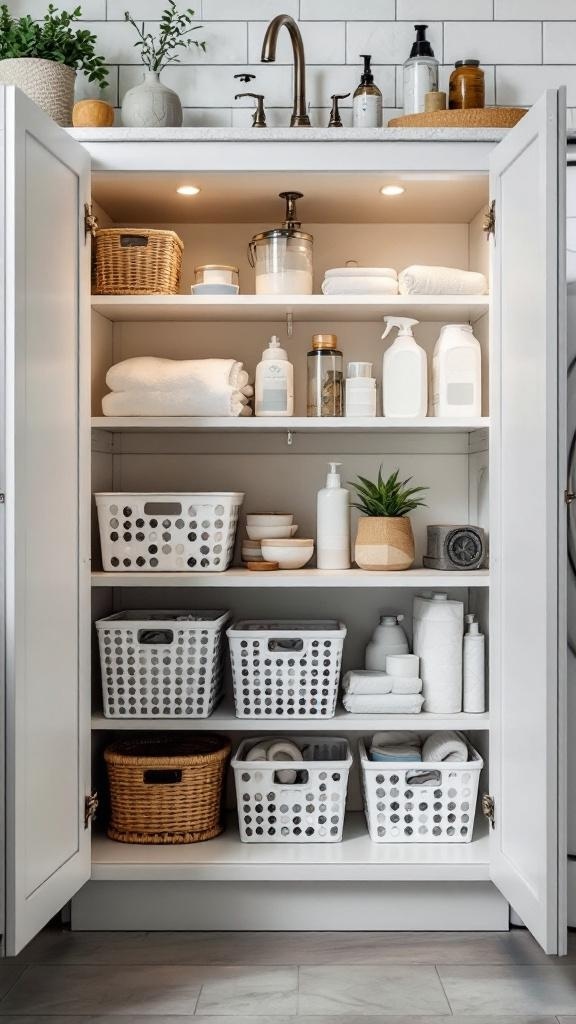 Organized under-sink cabinet with towels, cleaning supplies, and decorative items.