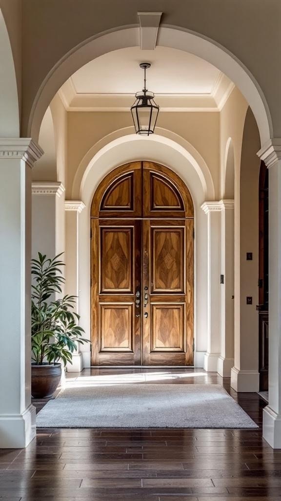 Stylish apartment entryway featuring wooden double doors, elegant arches, and a potted plant.