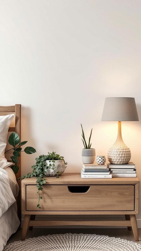 A cozy nightstand with plants, books, and a lamp, showcasing unique decor ideas.