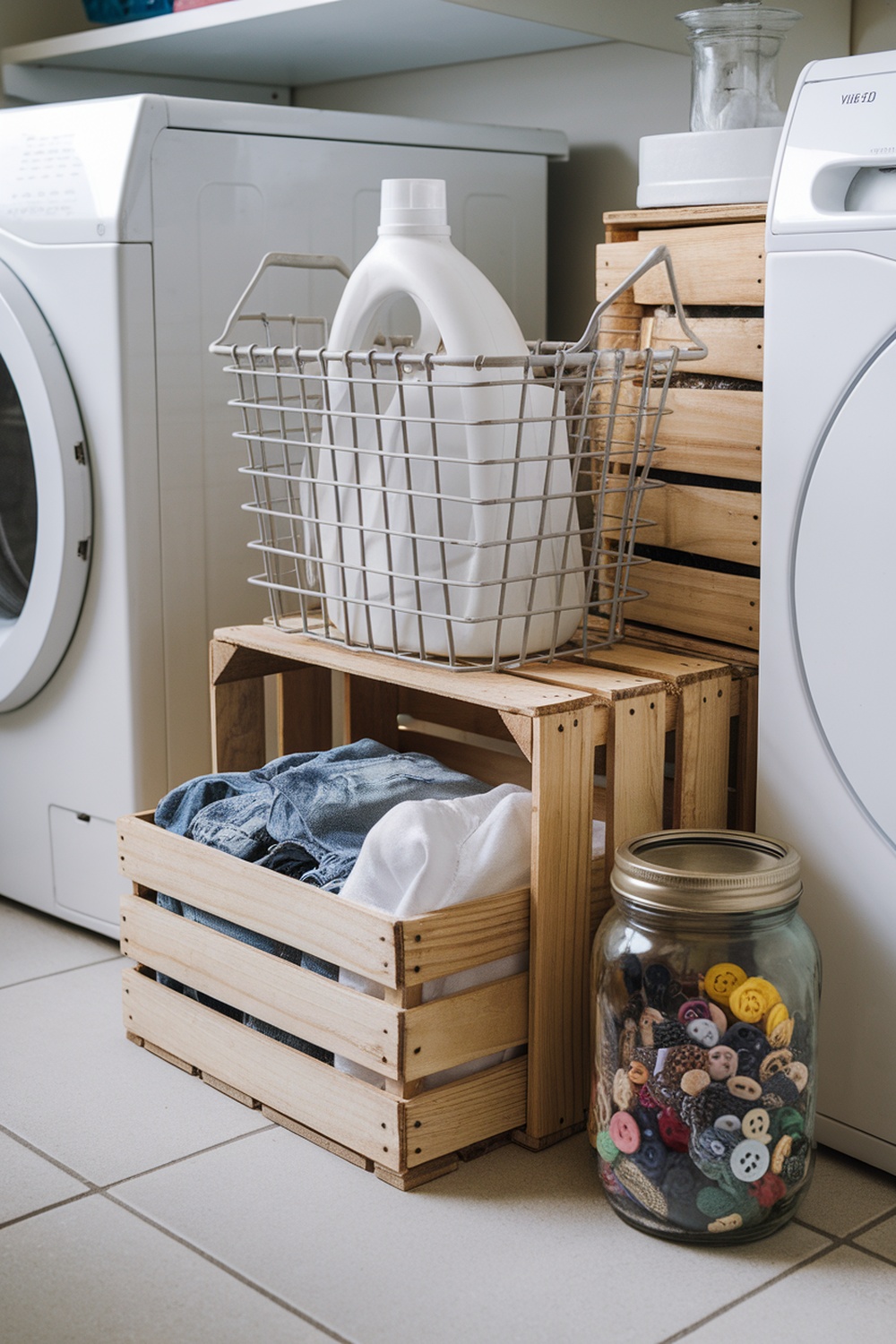 Wooden crates used for laundry storage with a wire basket and a jar of buttons