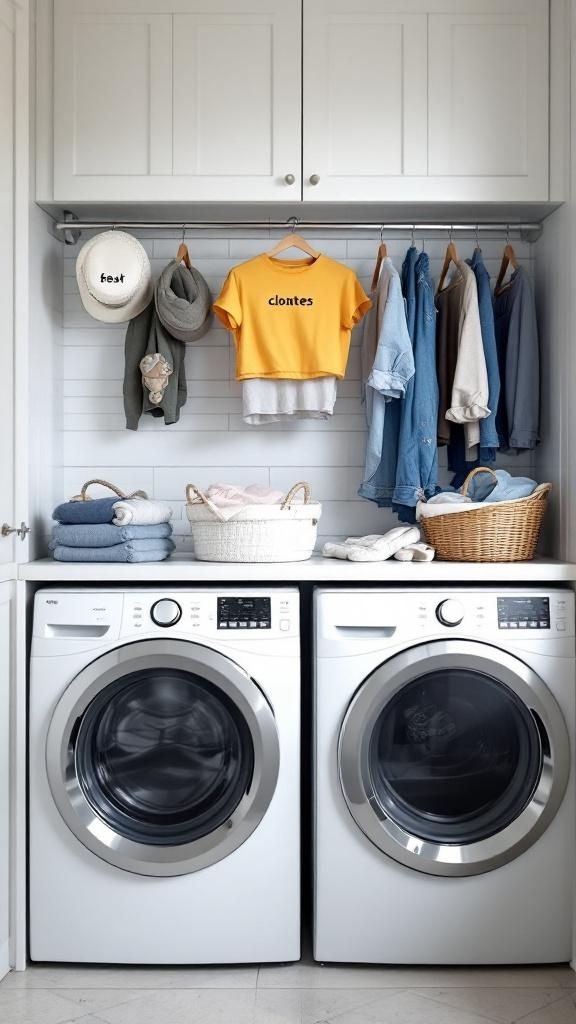 A small laundry room featuring two washing machines, neatly stacked towels, and stylish baskets for organized sorting.