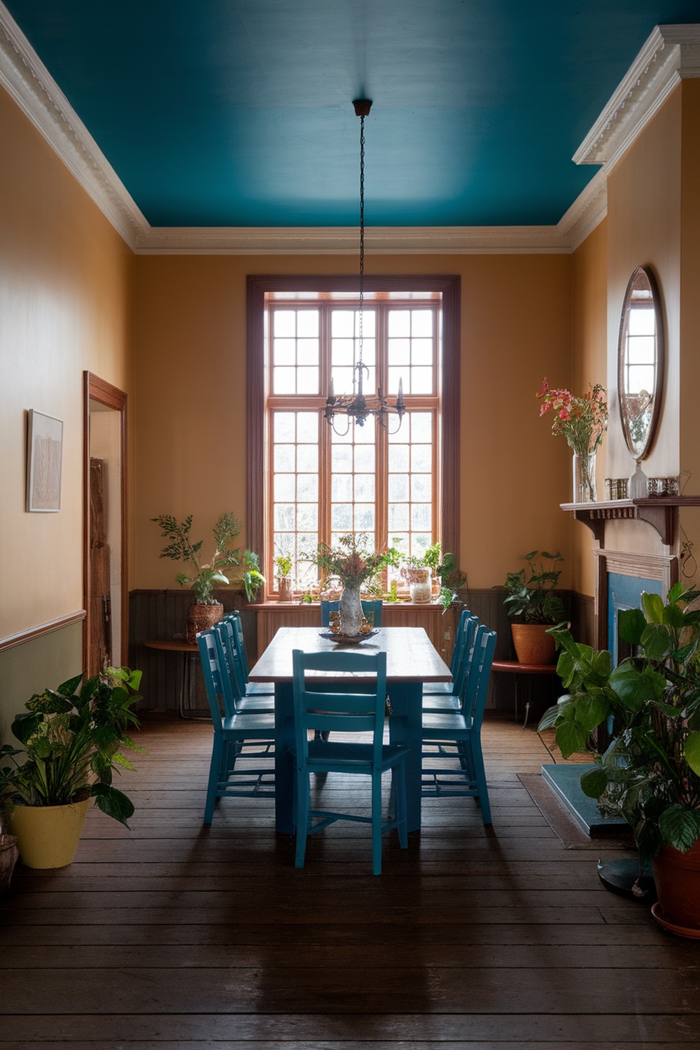 A cozy dining room with a blue ceiling, beige walls, and blue chairs around a wooden table, filled with plants.