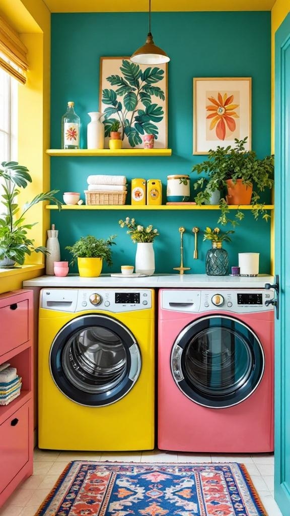 A small laundry room with pink walls, yellow cabinets, and colorful decor.
