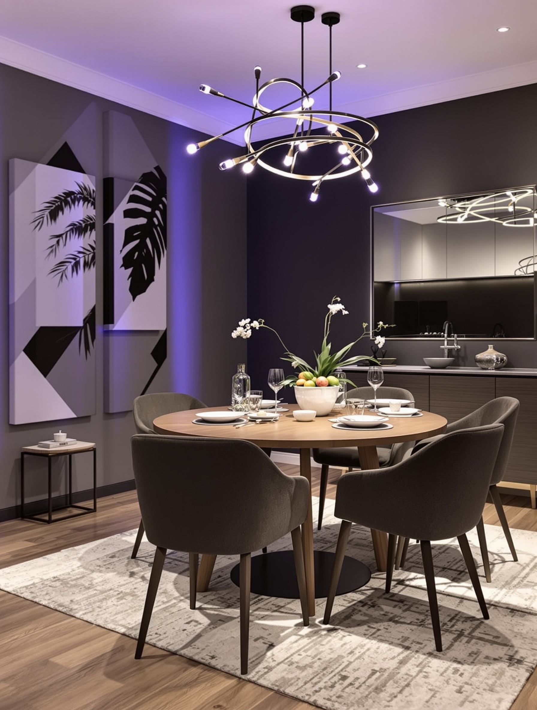 Cozy dining room with warm lighting and textured brick walls