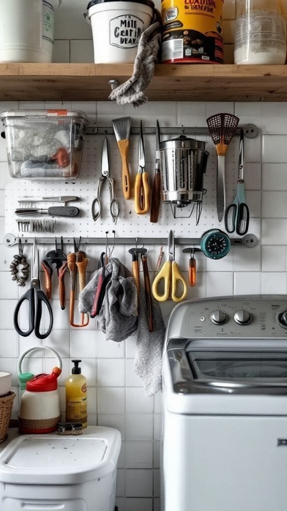 A small laundry room with a magnetic strip holding various tools and utensils.