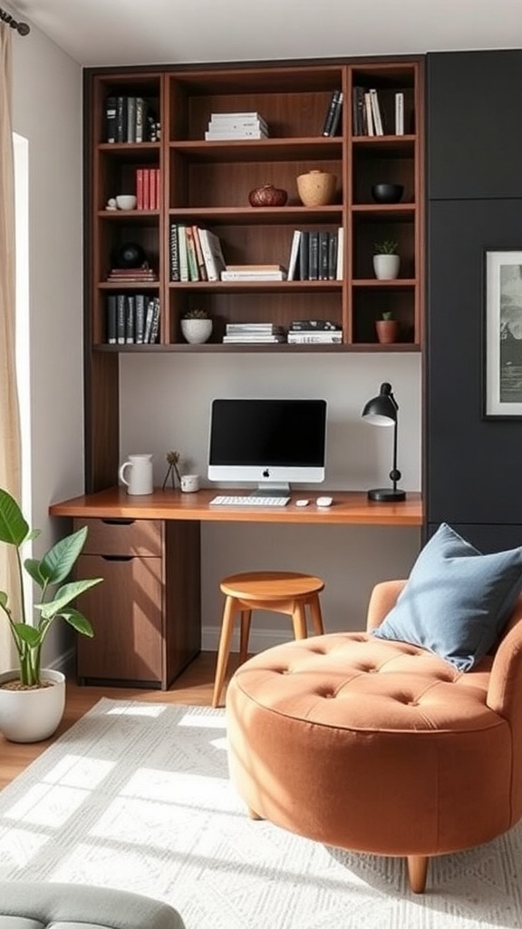 A minimalist Japandi home office featuring a desk, chair, plants, and a motivational wall art.