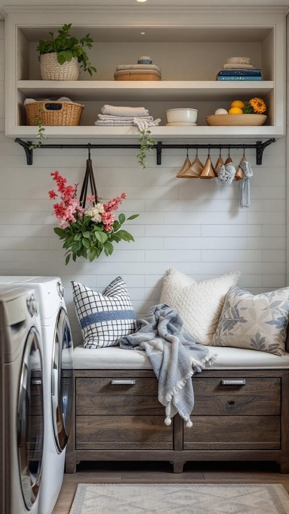 A small laundry room featuring a cozy bench with storage, shelves with decorative items, and a hanging rack.