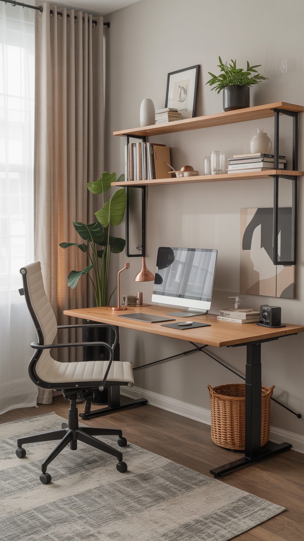A modern home office featuring a wooden desk, ergonomic chair, and shelves with decorative items.