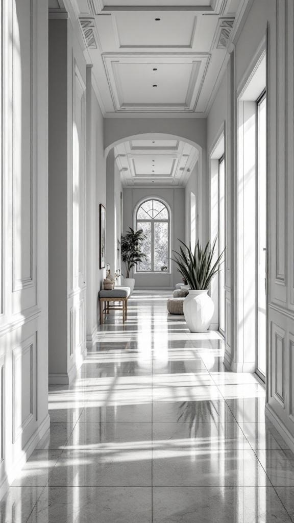 Bright grey hallway with large windows, plants, and elegant decor