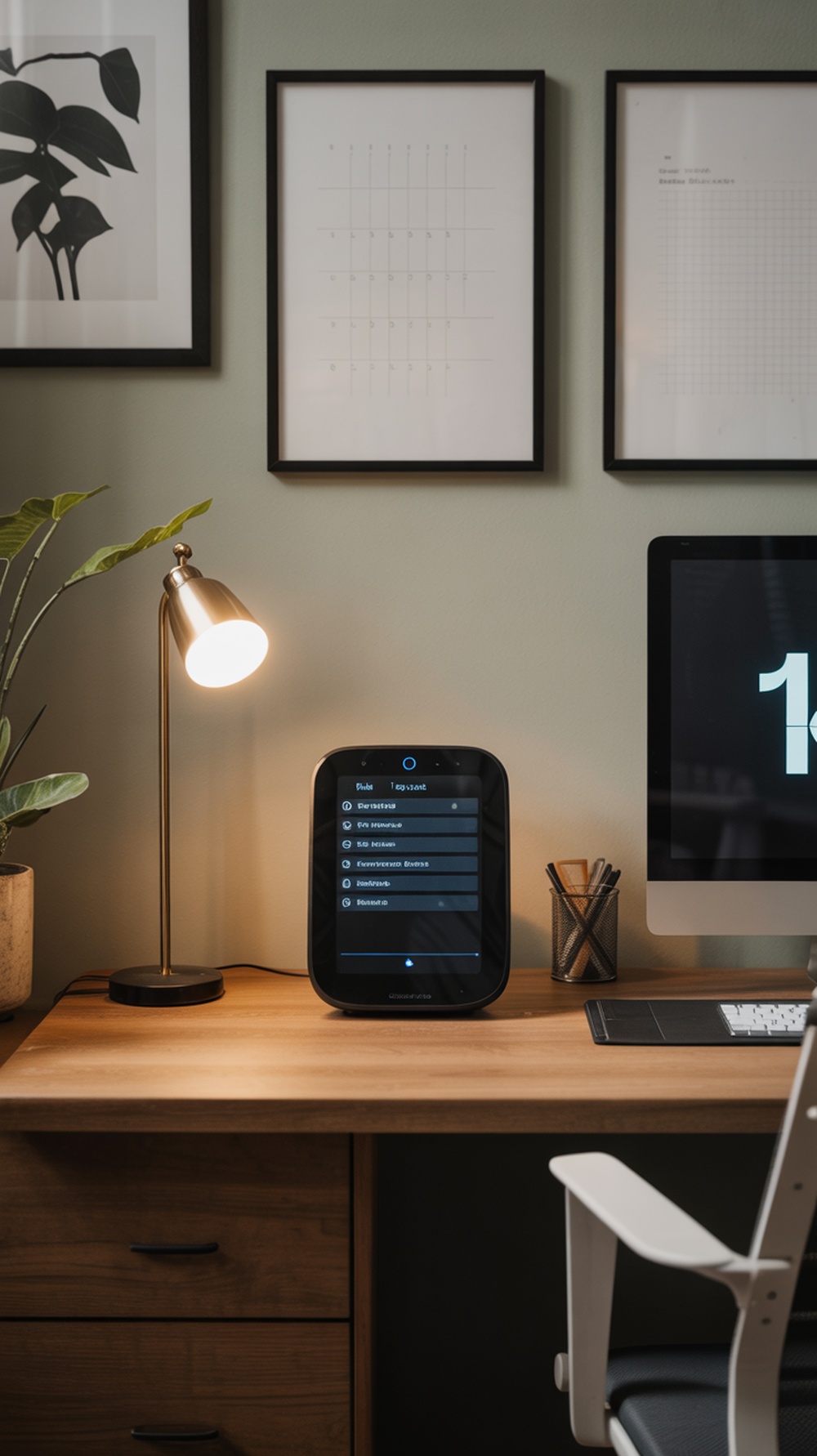 A modern smart assistant on a wooden desk in a home office setting, with a lamp and plant in the background.
