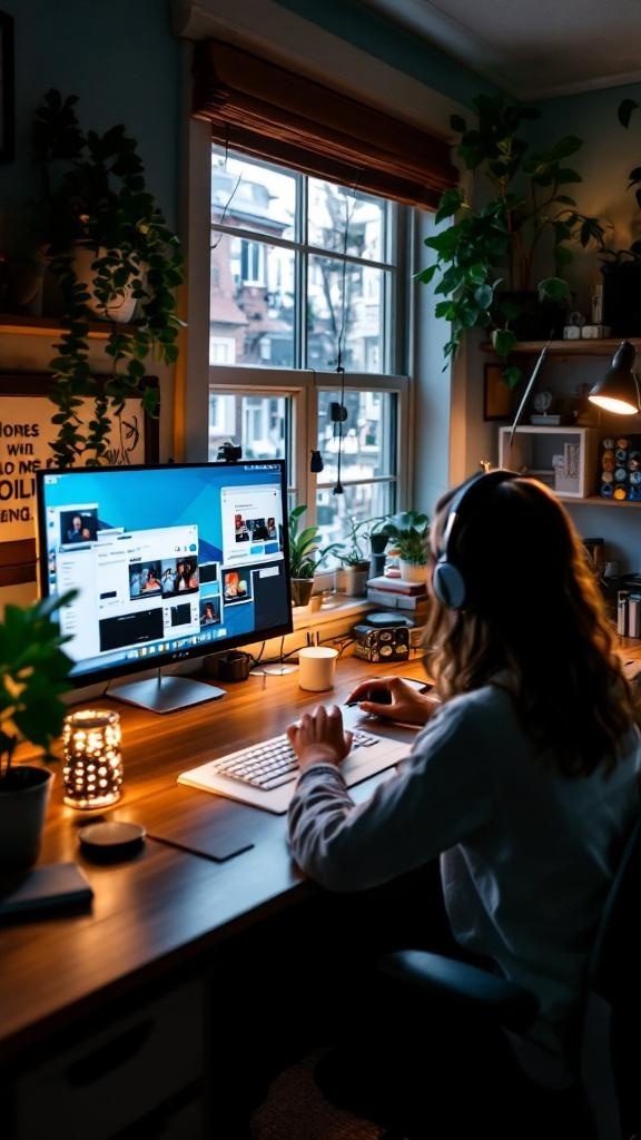 A person working in a cozy tiny home office with plants, engaged in a video call on a computer.