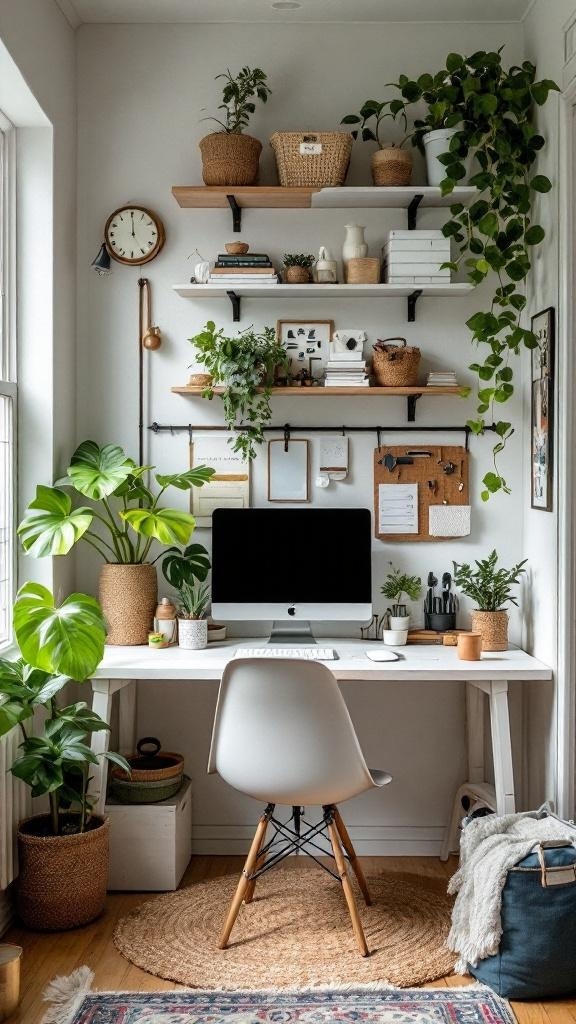 A cozy tiny home office featuring a white desk, a computer, and shelves adorned with plants and decorative items.