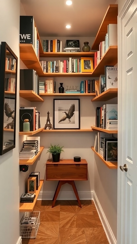A stylish grey hallway featuring vertical shelving with books and decor.