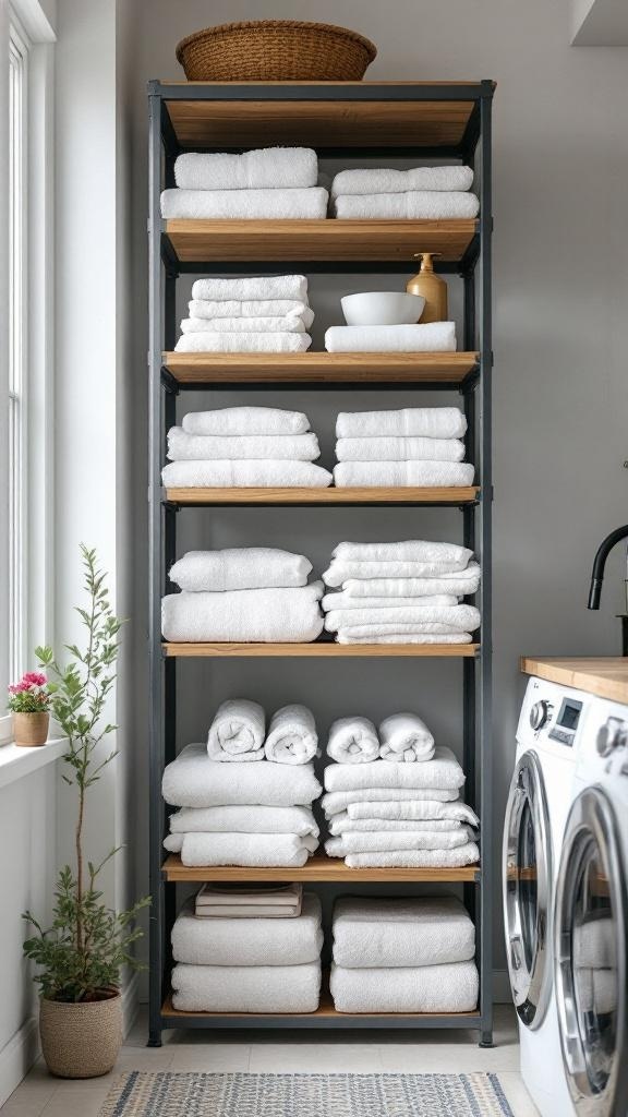 Vertical shelving unit with neatly stacked white towels and decorative items