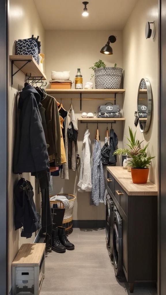 A narrow hallway with vertical storage solutions, including shelves and hooks for organization.