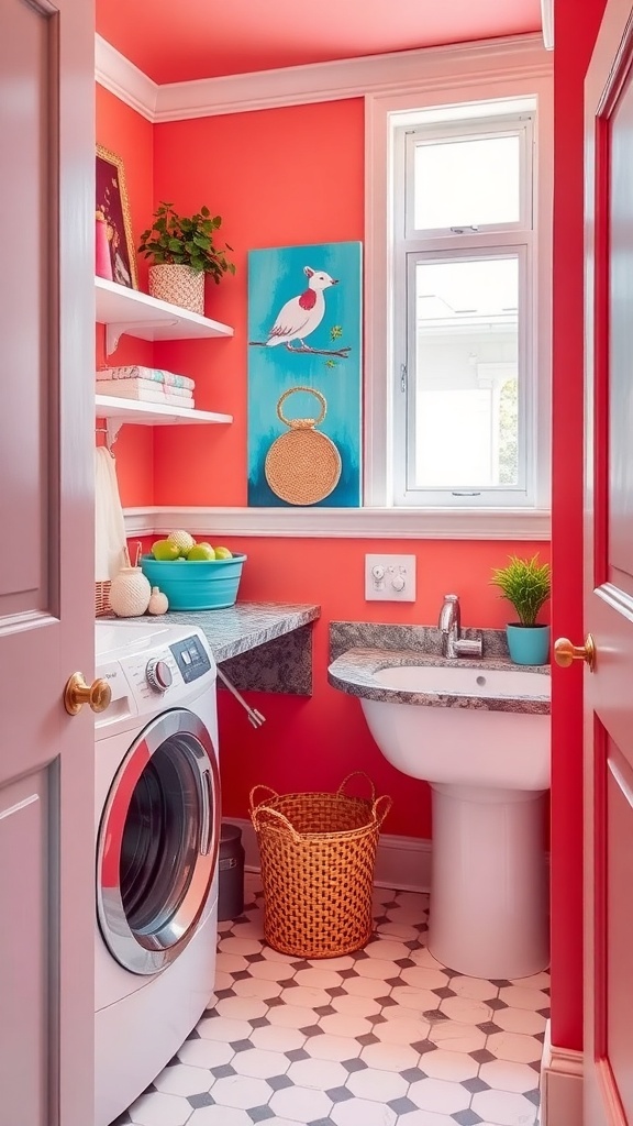A bright coral laundry room featuring a pink washing machine, plants, and cheerful decor.