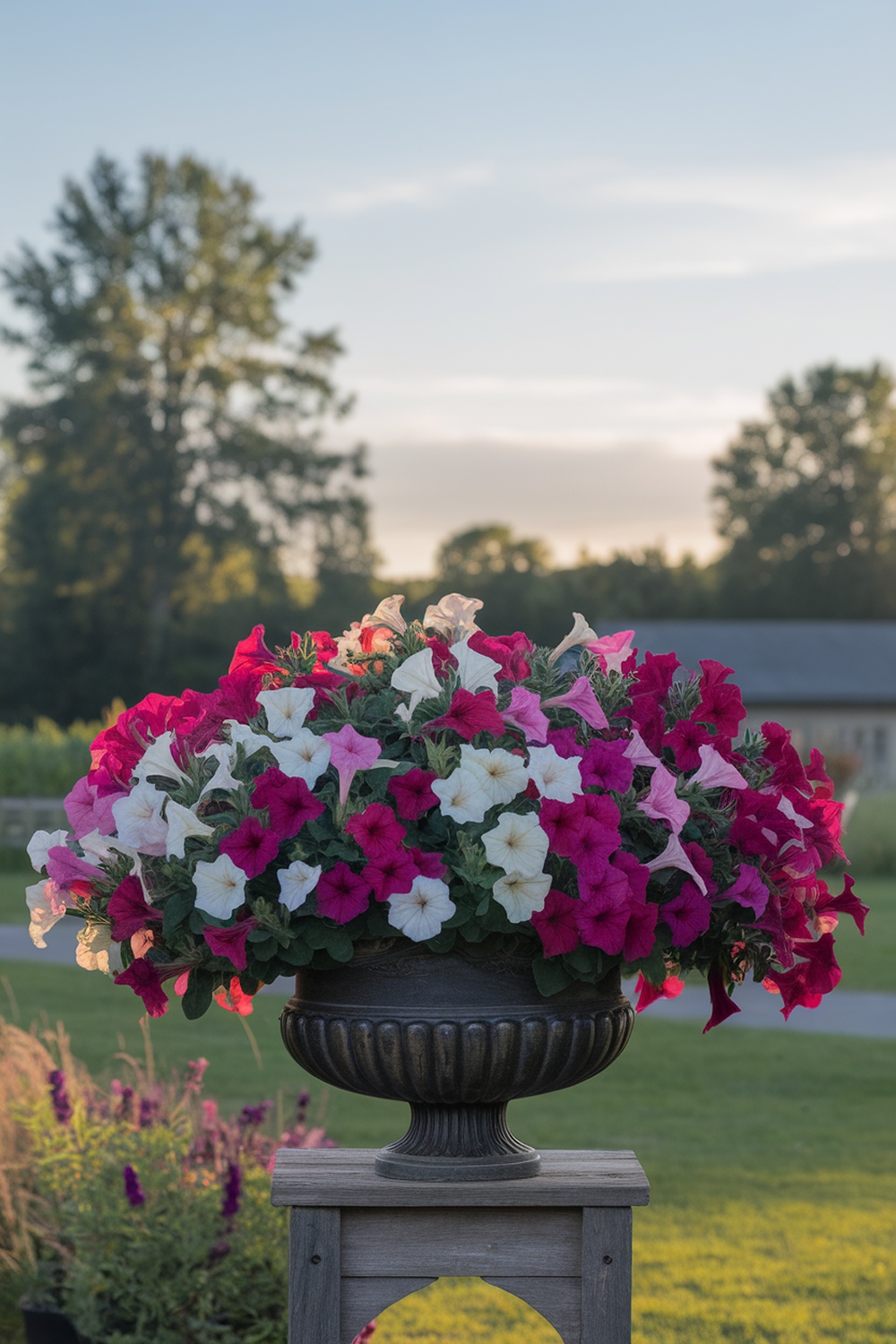 A decorative pot filled with vibrant pink, white, and purple petunias, set against a serene outdoor backdrop.