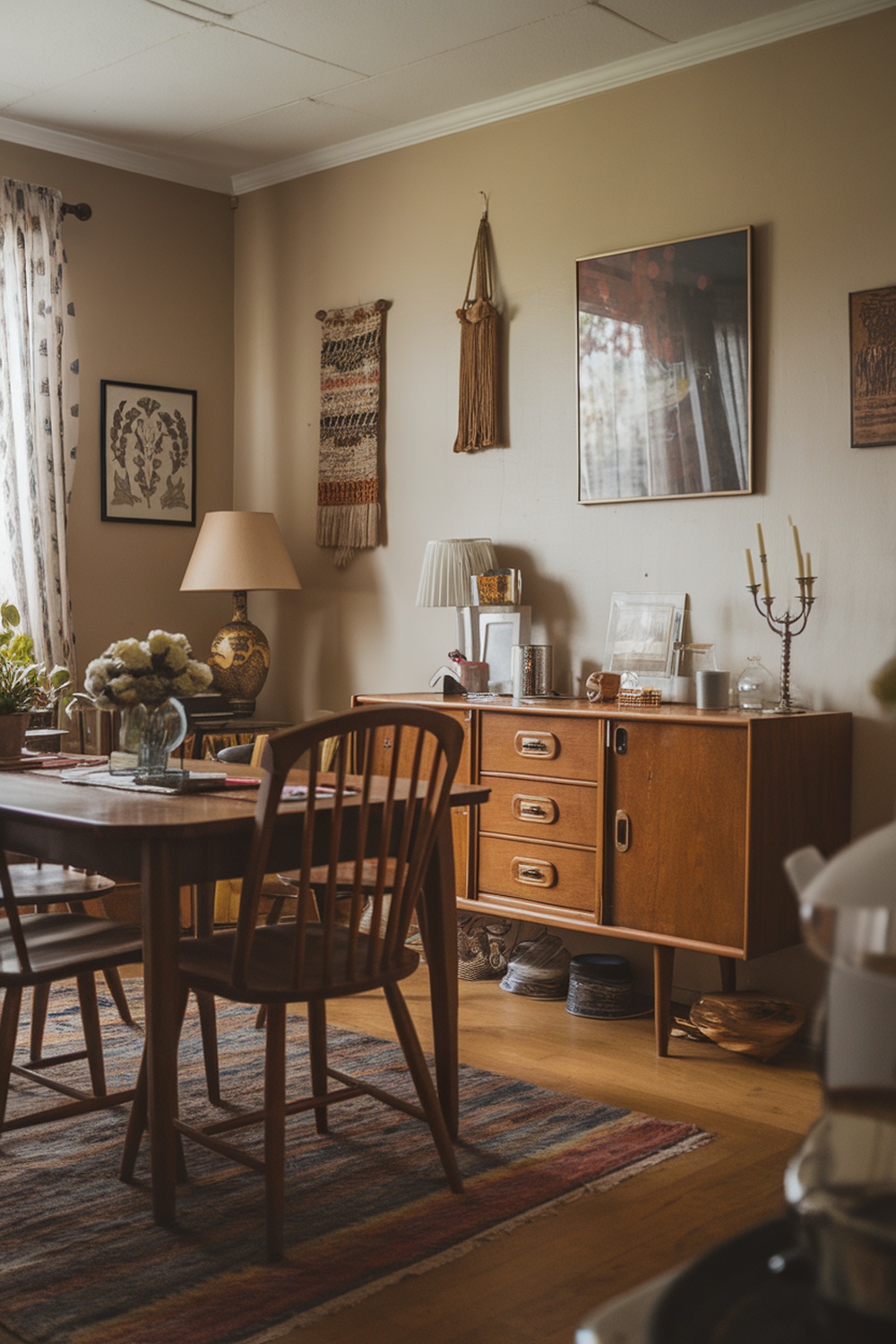 A cozy vintage dining room featuring a wooden table, chairs, and a sideboard with decorative items.