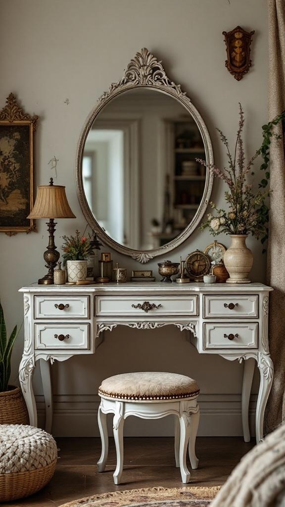 A vintage chic vanity with a white desk, round mirror, and decorative items.