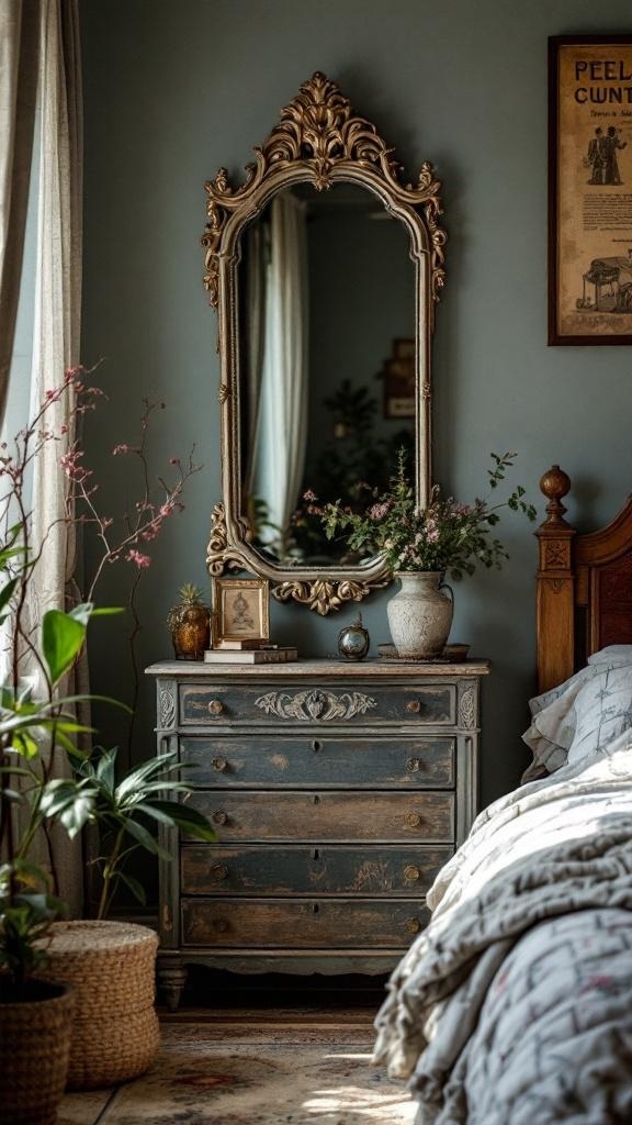 A vintage dresser with an ornate mirror in a cozy bedroom setting.
