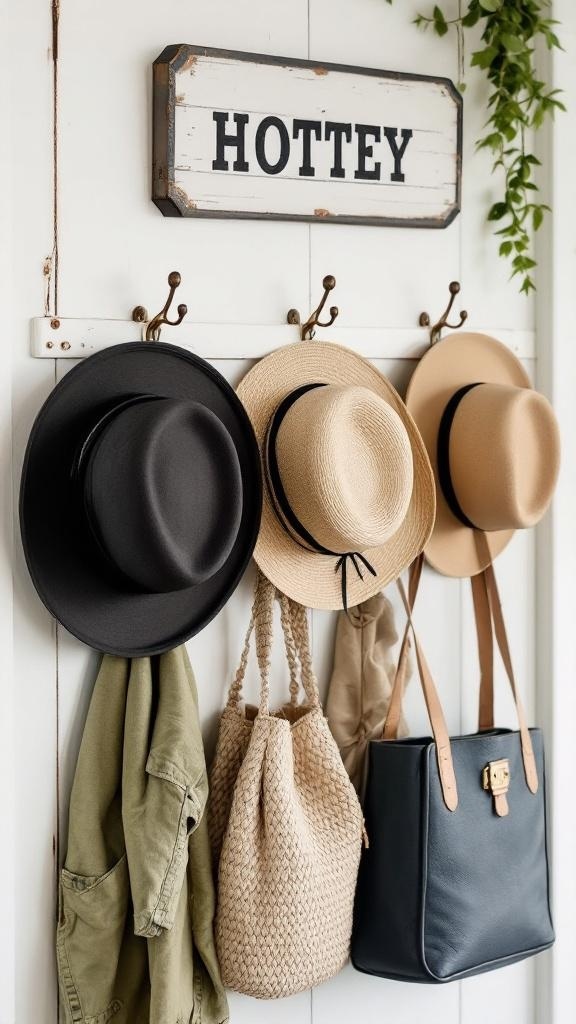 Vintage hooks displaying hats and bags in a farmhouse entryway