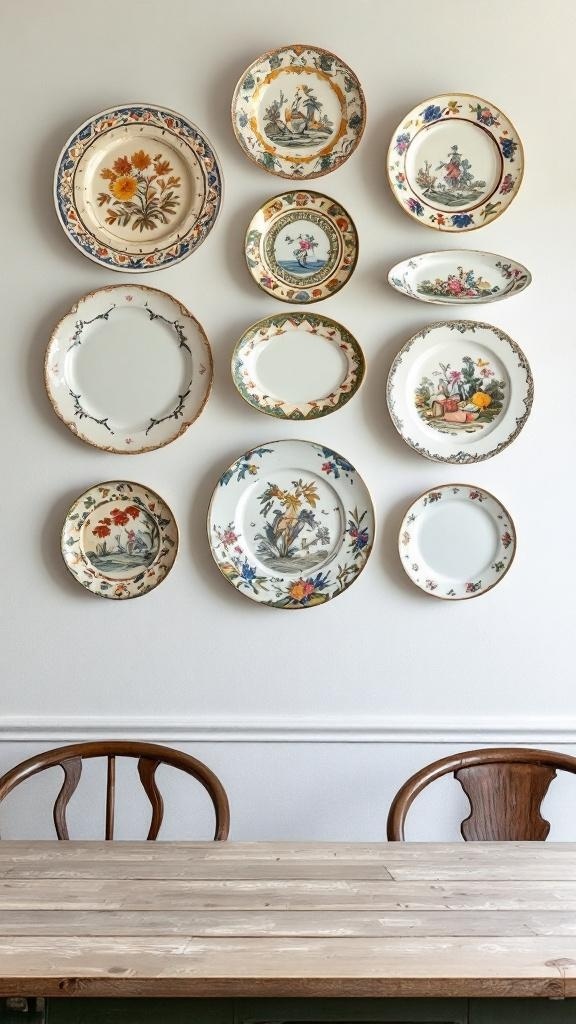 A collection of vintage decorative plates arranged on a wall above a wooden dining table.