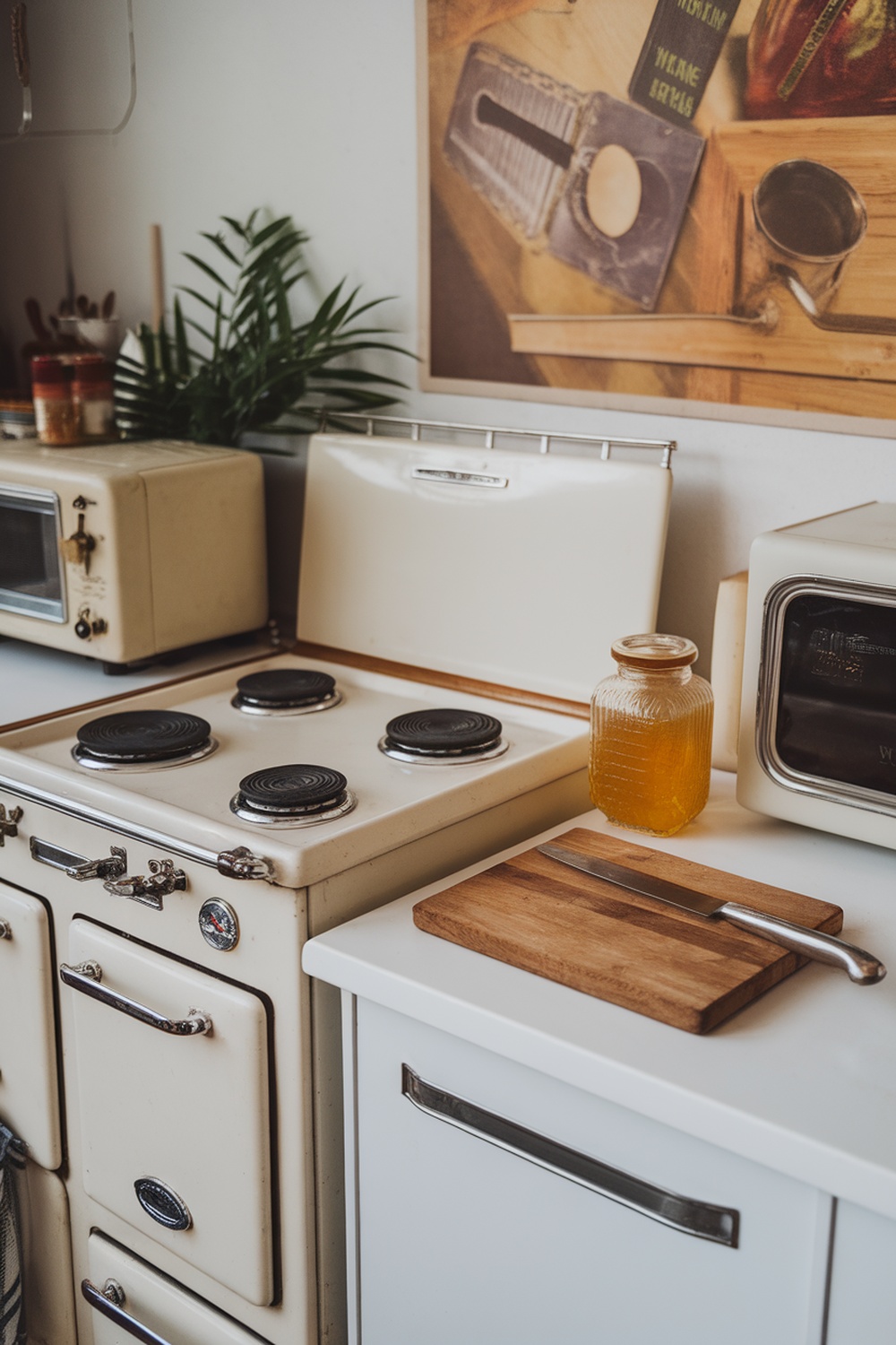 A vintage-inspired white kitchen featuring a classic stove, microwave, wooden cutting board, knife, and a jar of honey.
