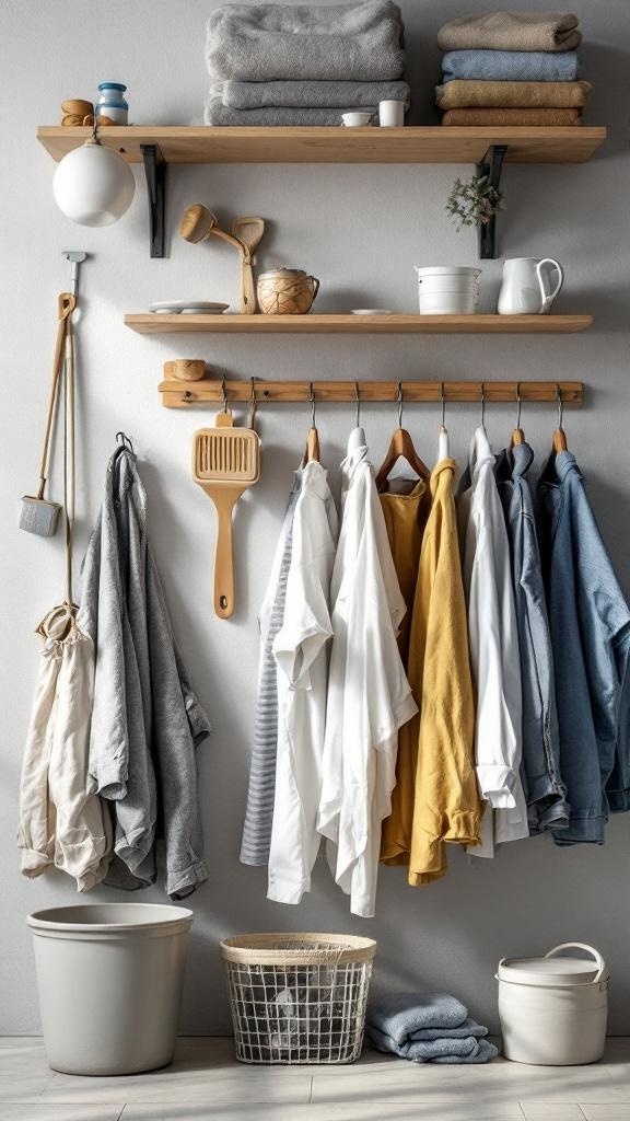 A stylish laundry storage setup featuring wall-mounted hooks and racks with neatly hung clothes and organized shelves.