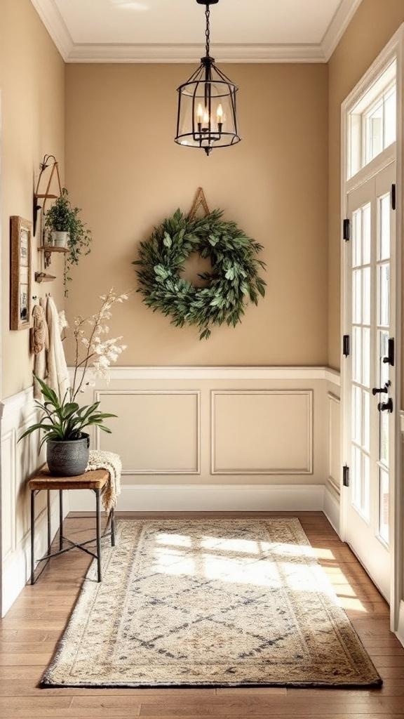 A warm-colored farmhouse entryway with a chair, plants, and woven baskets.