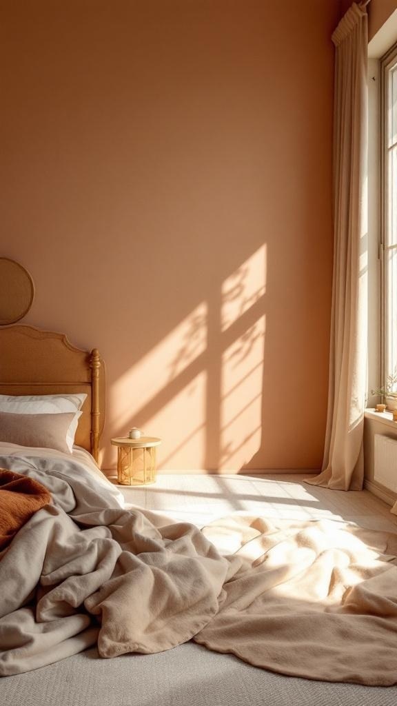 Cozy bedroom with warm peach walls, layered blankets, and natural light