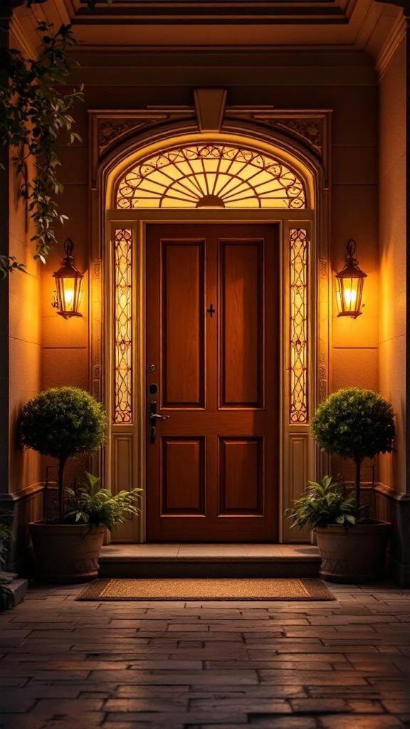 Stylish apartment entryway with warm lighting and decorative plants