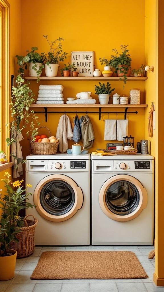 A bright laundry room painted in warm mustard yellow with white appliances and wooden shelves filled with plants and decorative items.