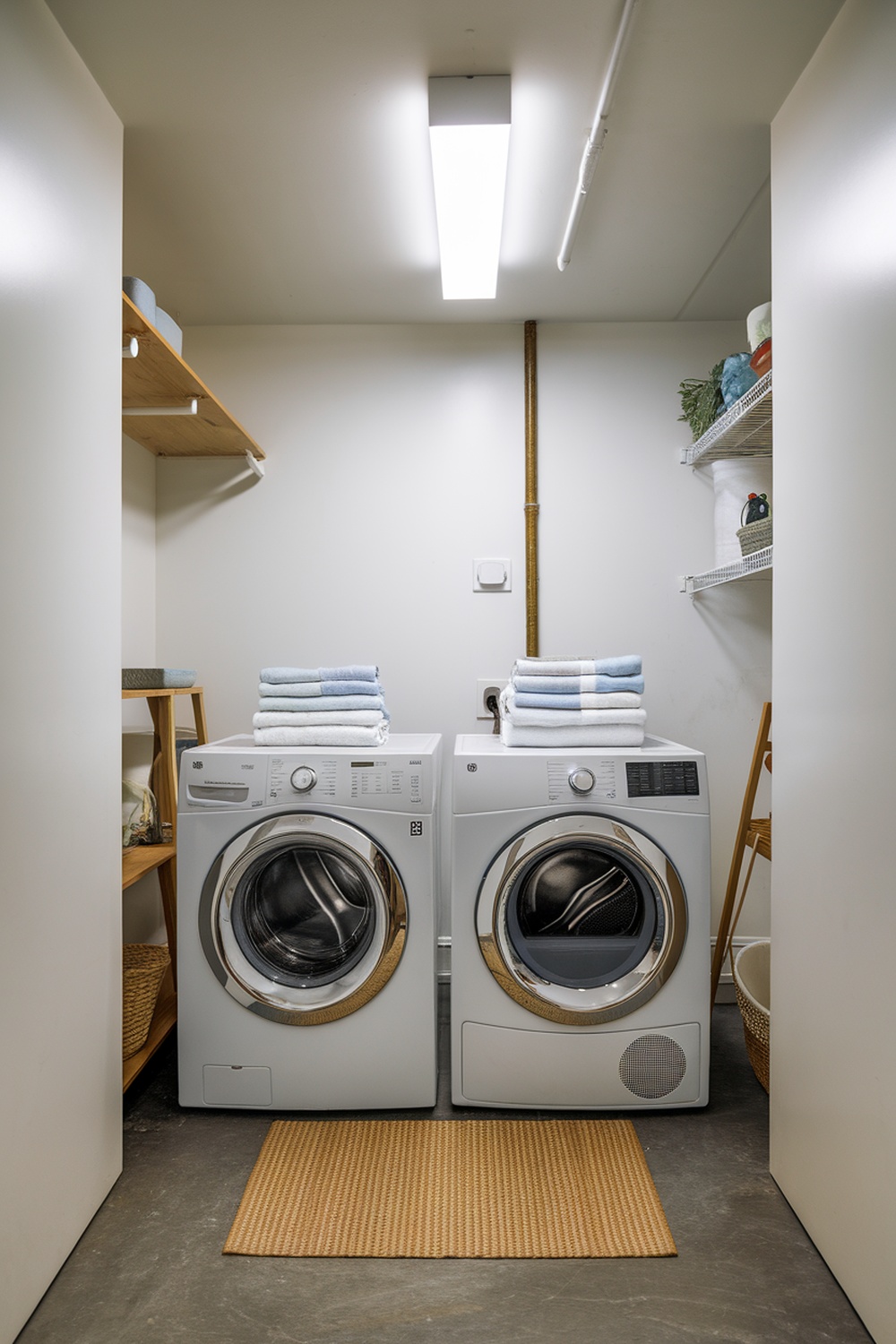 A modern laundry room featuring water-saving appliances, including a washing machine and dryer, with neatly stacked towels on top.