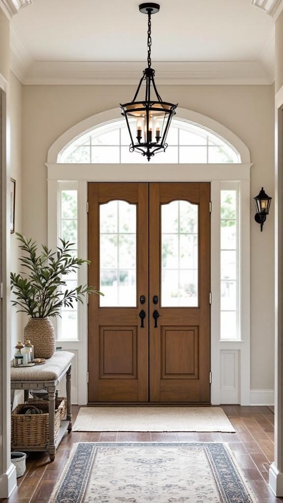 A beautifully designed farmhouse entryway featuring a central chandelier and wall sconces, welcoming you home.