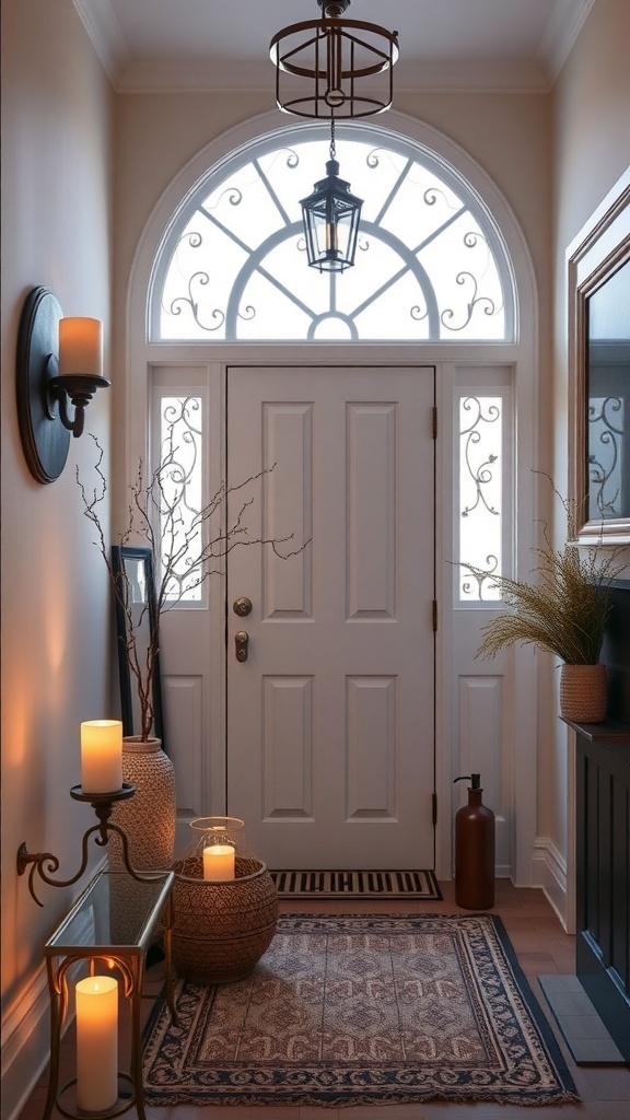Stylish apartment entryway with candles and plants creating a warm atmosphere