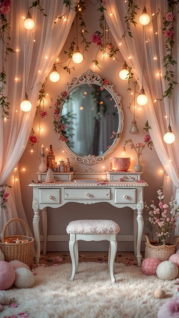 A whimsical vanity setup featuring a white desk, floral decorations, string lights, and a mirror, creating a fairy-tale atmosphere.