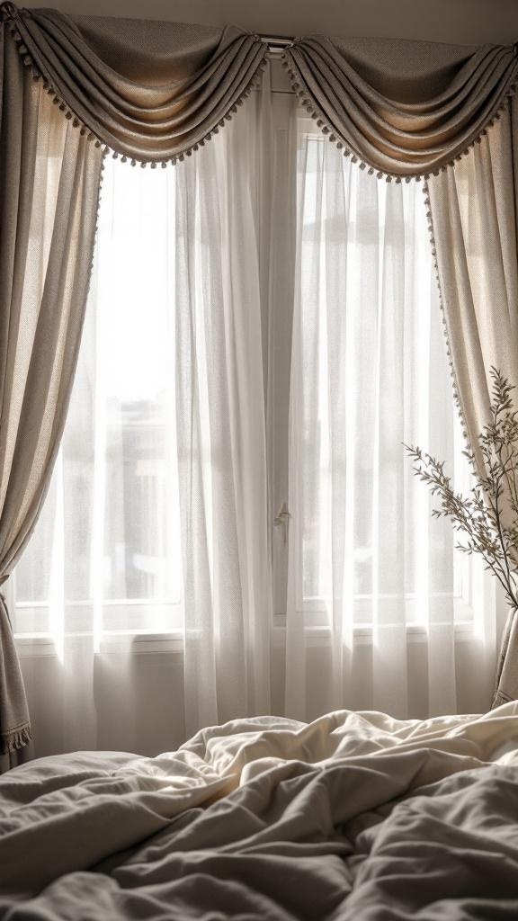 Cozy bedroom window treatments with layered curtains