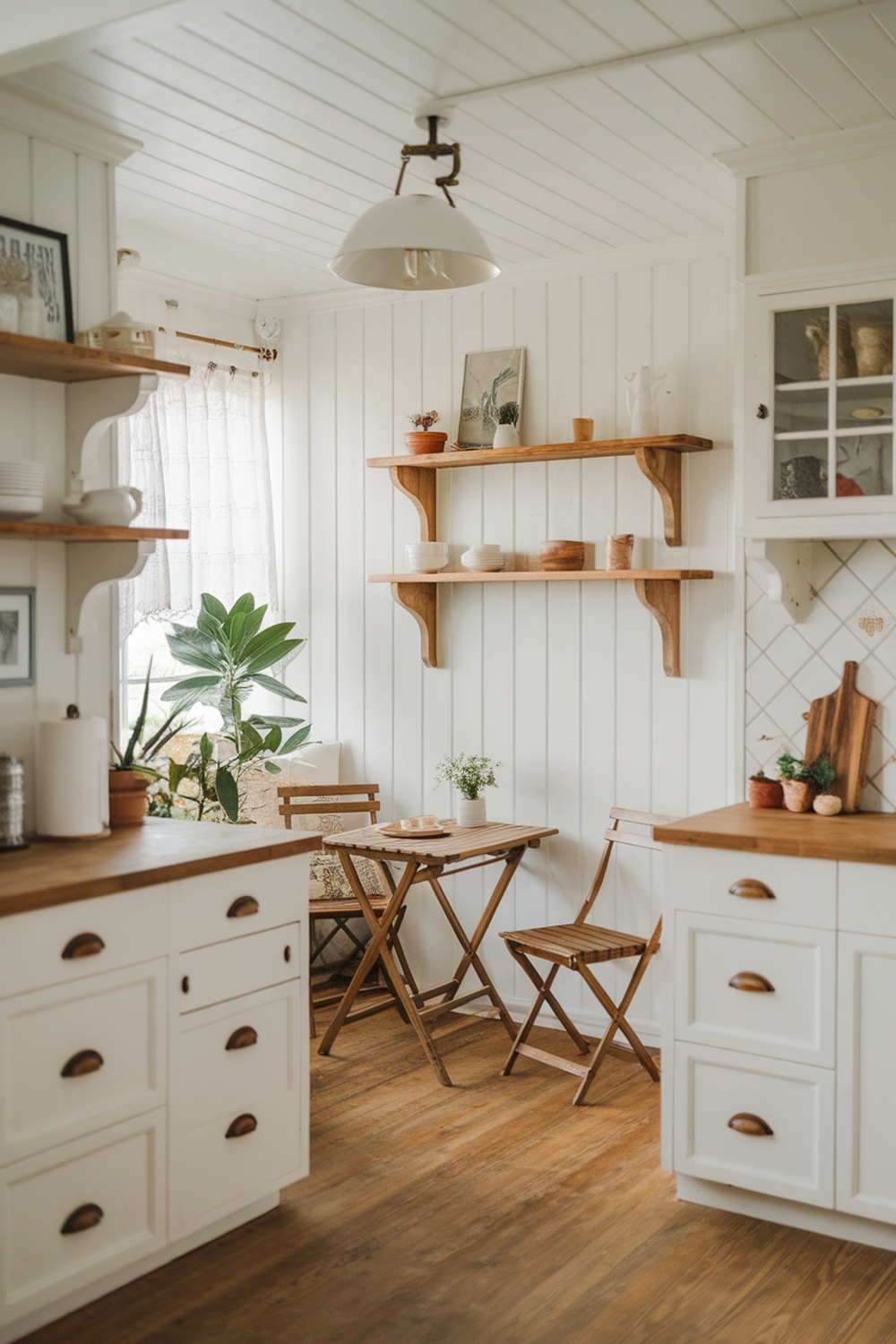A cozy white kitchen featuring wooden shelves and a table, plants, and simple dishware.