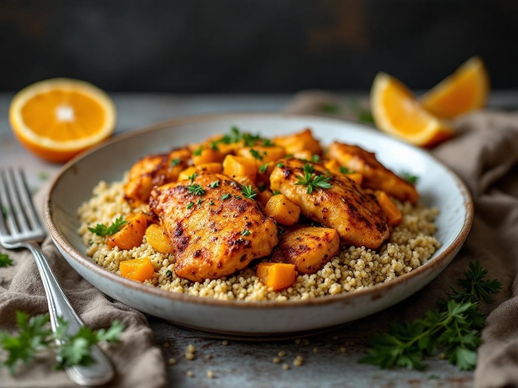 A plate of zesty orange chicken served with quinoa and garnished with parsley and orange slices.