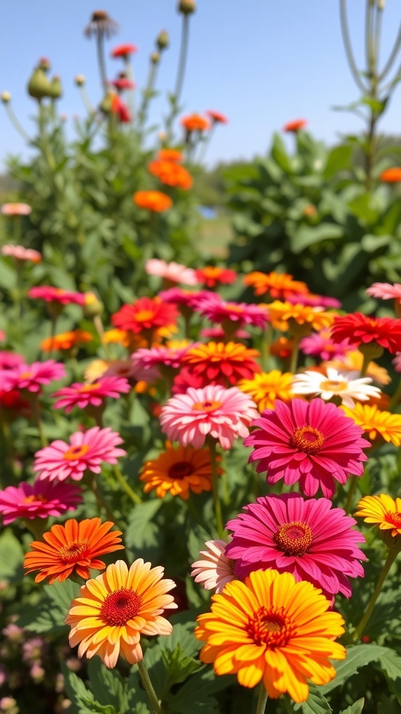 A vibrant display of zinnias in various colors, showcasing their cheerful blooms in a sunny garden.