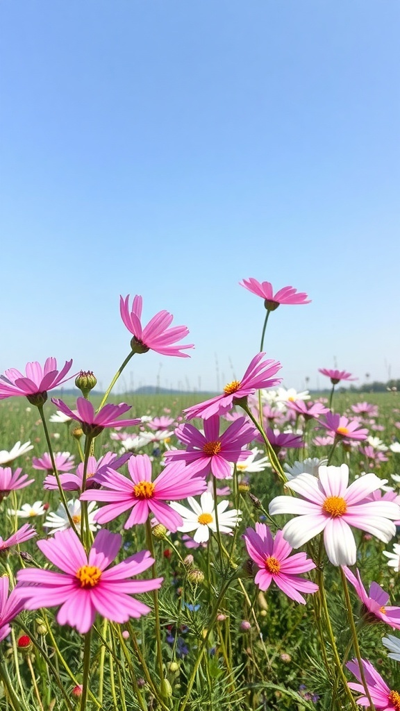 A field of pink and white cosmos flowers under a clear blue sky