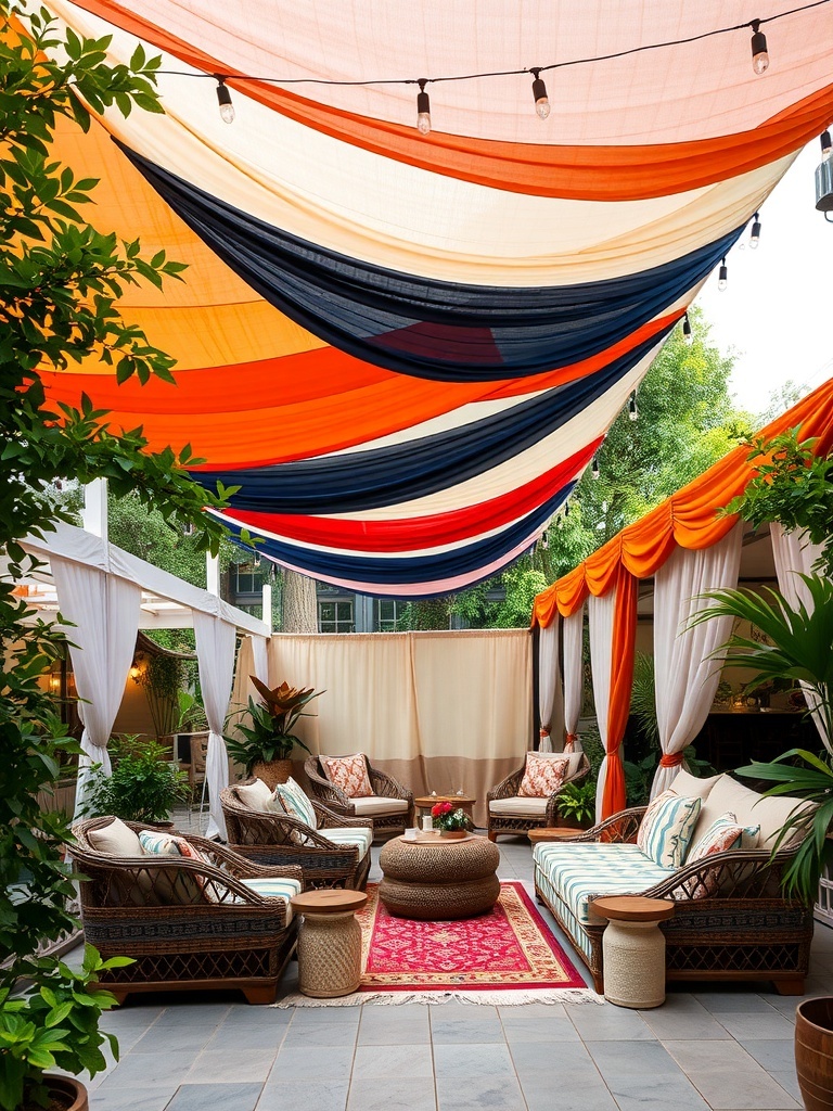 Colorful canopies and shade cloths draped over a boho outdoor patio with seating.
