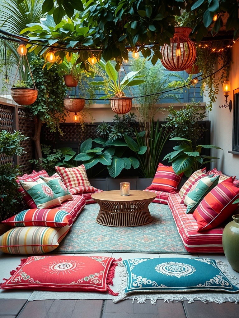 Cozy outdoor patio with colorful cushions and floor seating surrounded by plants.
