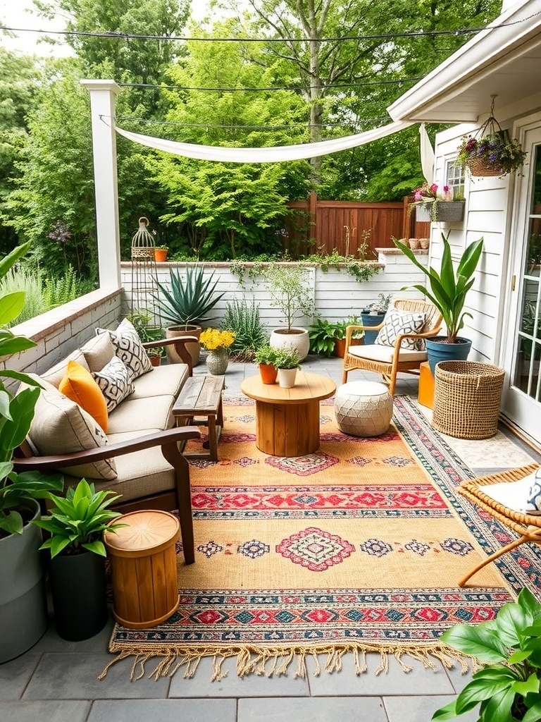 A boho outdoor patio featuring layered rugs, cozy seating, and lush greenery.