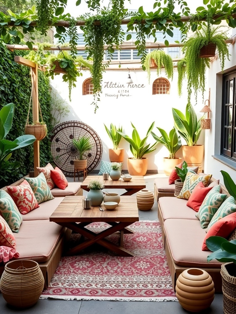 A cozy outdoor patio with low wooden tables and colorful cushions.
