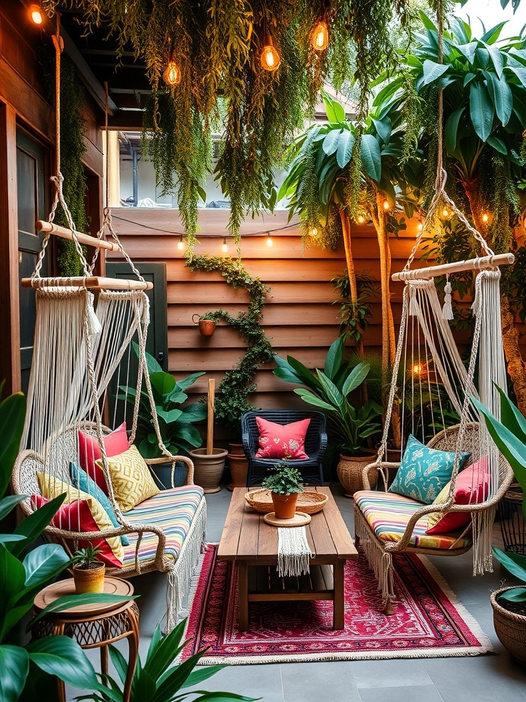 A cozy outdoor patio featuring macramé hanging chairs, colorful cushions, and lush greenery.